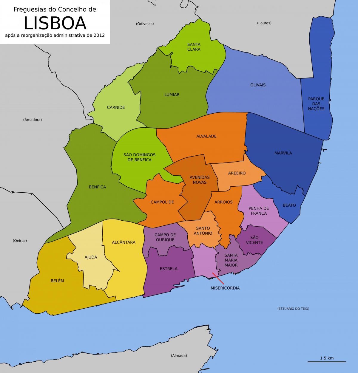خريطة لشبونة تظهر المناطق